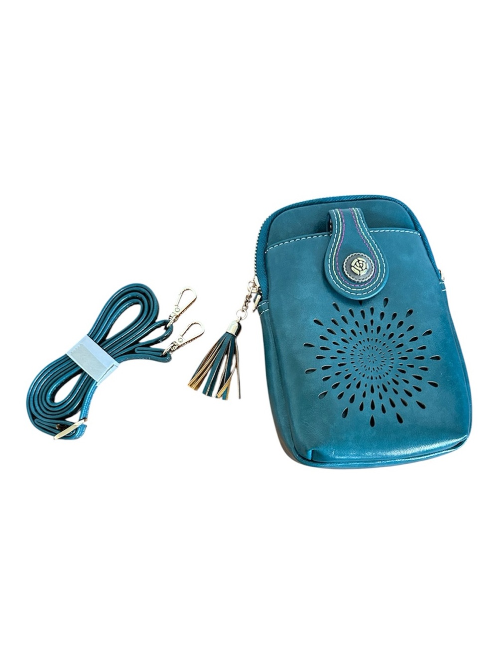 Aphison Teal Cutout Tassel Crossbody Bag with Removable Strap